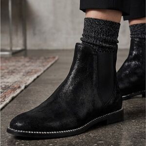 Jimmy‎ Choo Merril Wet Look Ankle Flat Boots Crystal Welt Black Suede 37.5